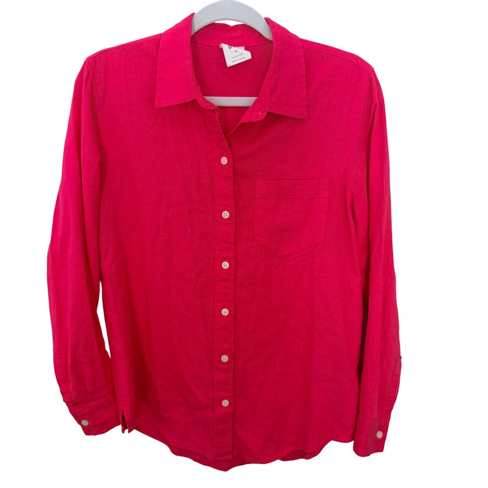 Gap Women's Linen The Easy Shirt Button Down Hot Pink Long Sleeve Beachy Size XS